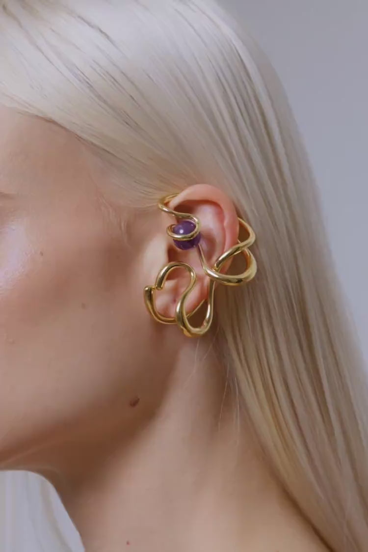 Oversize-Ear-Cuff mit Amethyst in Gold