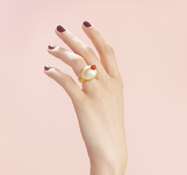 Chunky gold ring with red agate and quartz from MAM