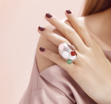 Silver statement ring with red & green agate